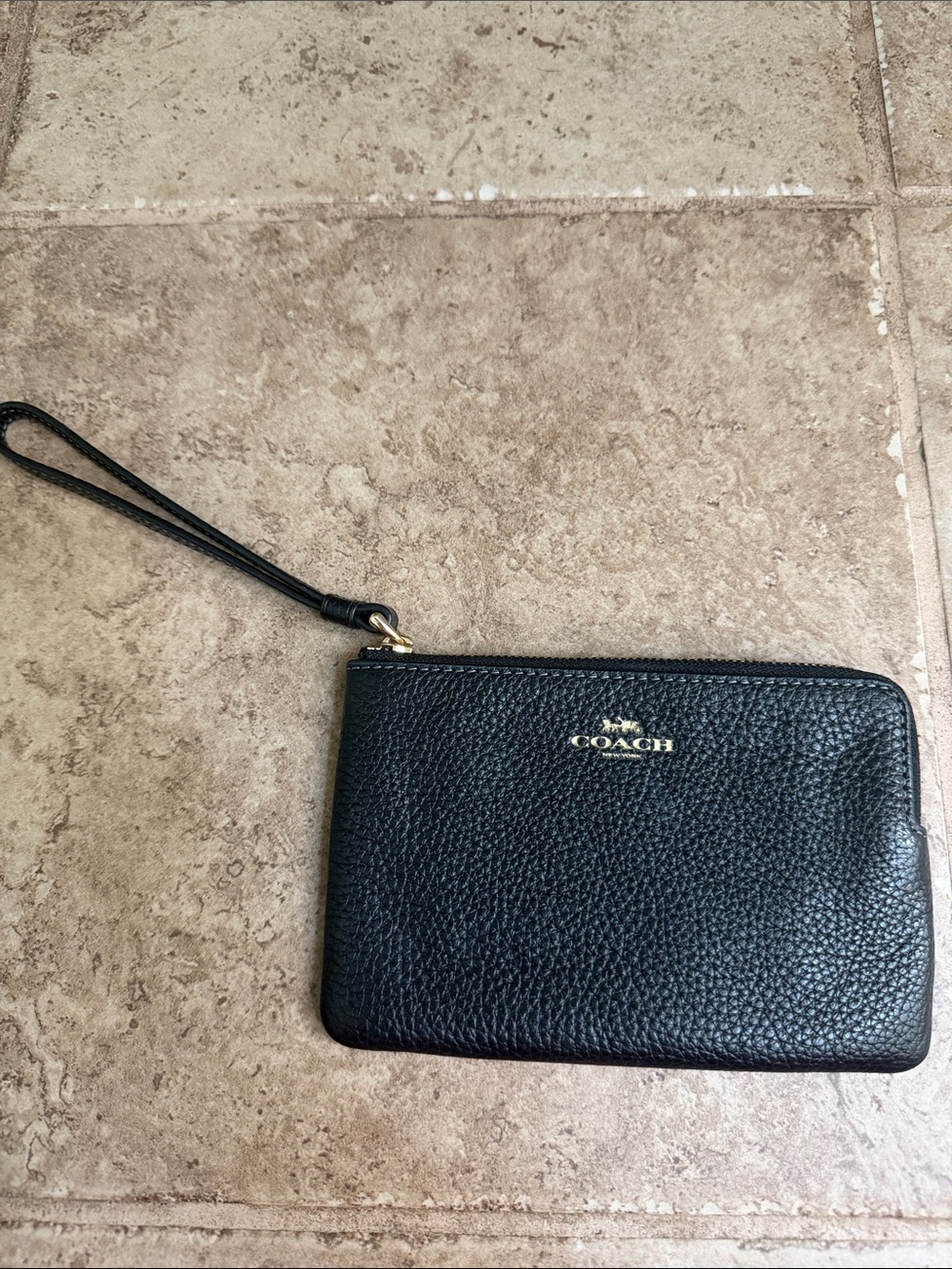 Coach Wristlet - Black Pebbled Leather with Gold Hardware